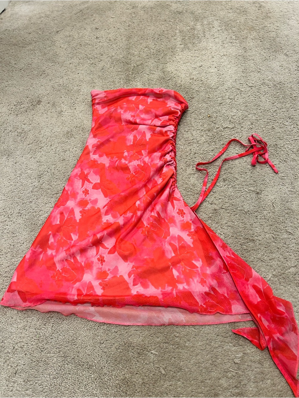 Strapless Pink-Red Floral Summer Dress